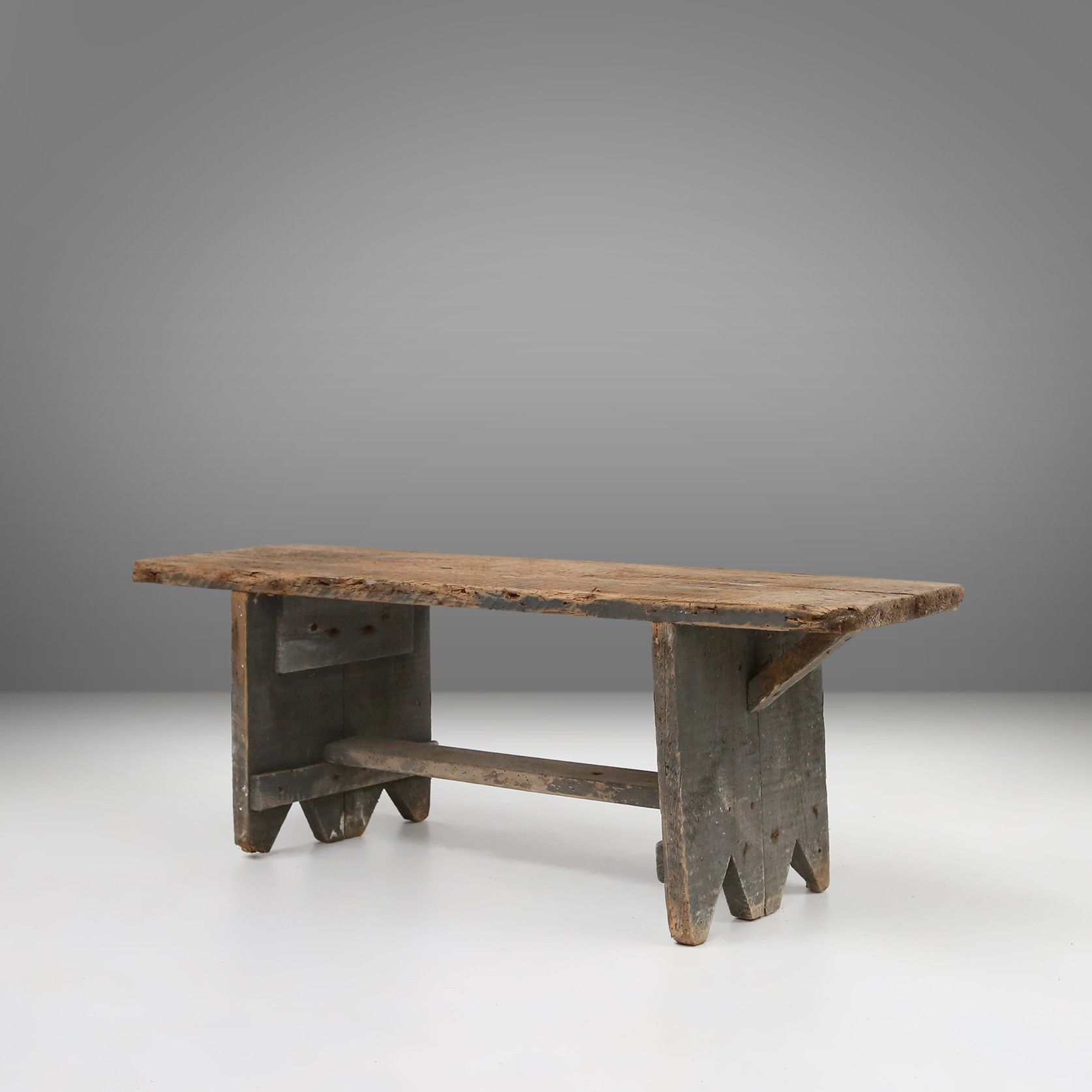 Unusual and charming grey wooden bench, France ca 1890-img